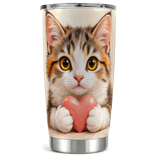Fluffy Cat Tumbler 20oz, Calico Kitten Stainless Steel Travel Cup