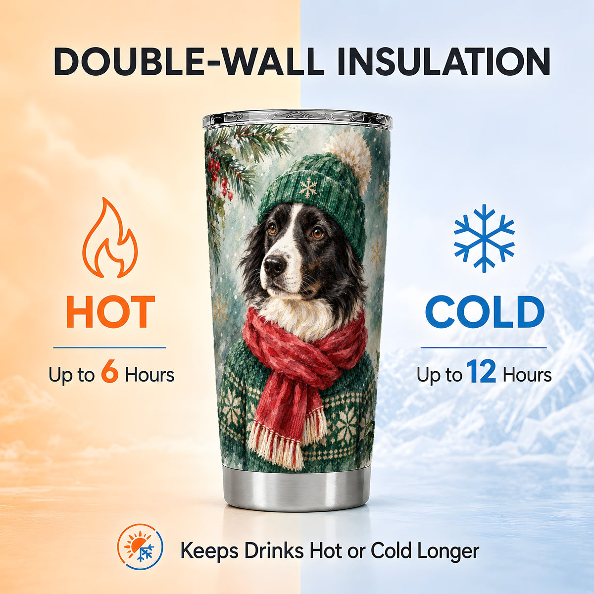 Christmas Dog Tumbler 20oz, Winter Puppy Stainless Steel Travel Cup