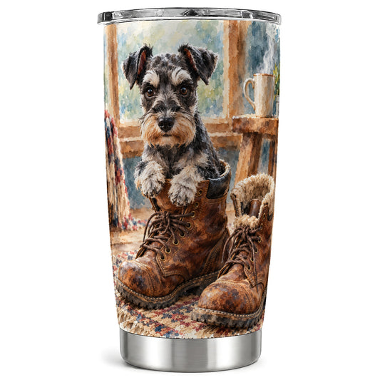 Schnauzer Puppy Tumbler 20oz, Dog in Boots Stainless Steel Travel Cup