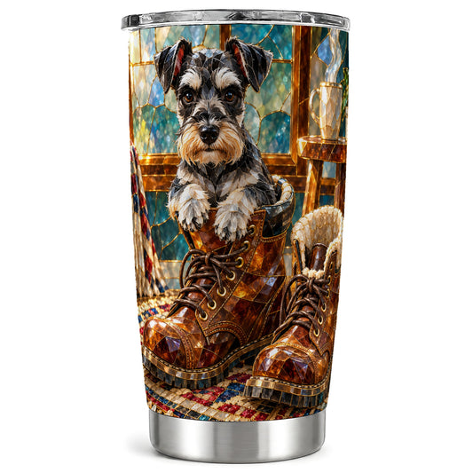 Stained Glass Schnauzer Tumbler 20oz, Dog in Boots Travel Cup