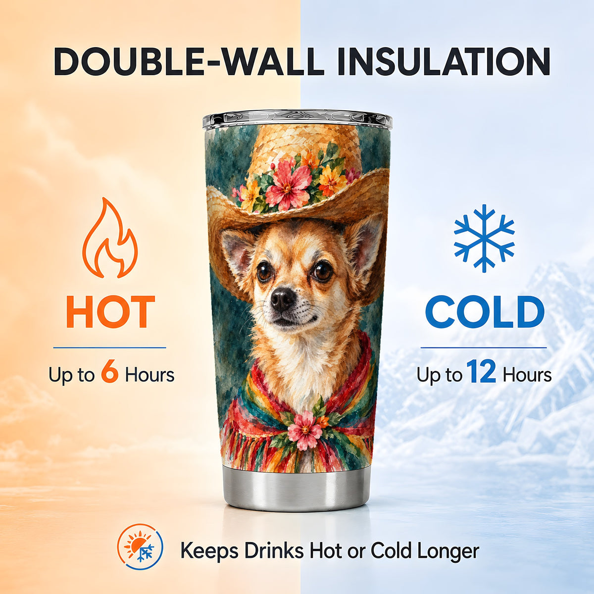 Watercolor Chihuahua Tumbler 20oz, Western Stainless Steel Travel Cup