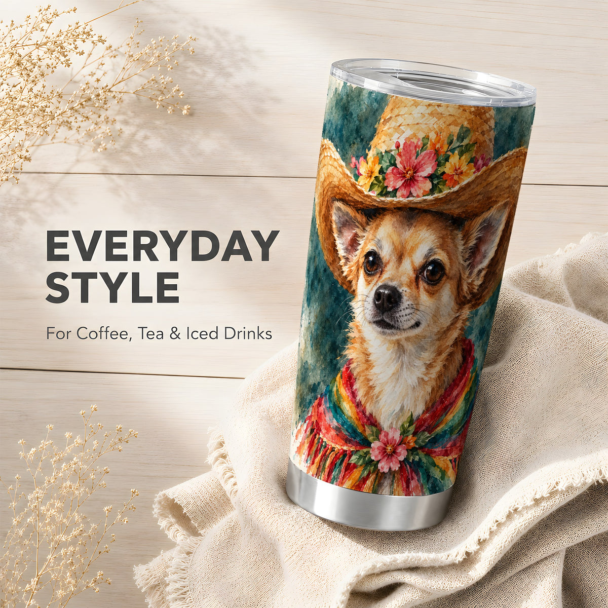 Watercolor Chihuahua Tumbler 20oz, Western Stainless Steel Travel Cup