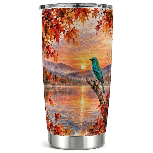Turquoise Bird Tumbler 20oz, Autumn Lake Stainless Steel Travel Cup
