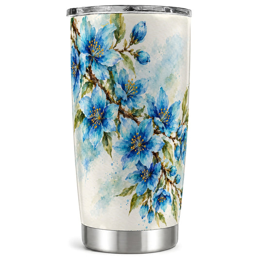 Blue Floral Tumbler 20oz, Watercolor Blossom Stainless Steel Travel Cup