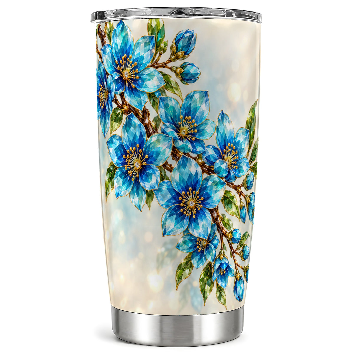 Blue Crystal Floral Tumbler 20oz, Gemstone Stainless Steel Travel Cup