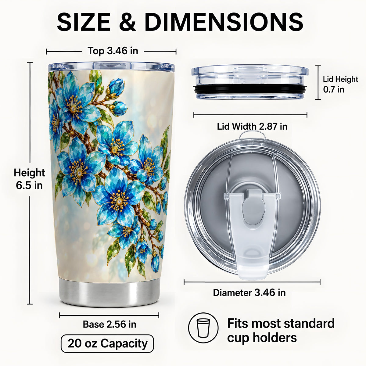 #pl[20oz|Steel] Blue Crystal Floral Tumbler 20oz, Gemstone Stainless Steel Travel Cup