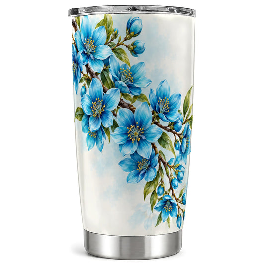 Sky Blue Floral Tumbler 20oz, Botanical Stainless Steel Travel Cup