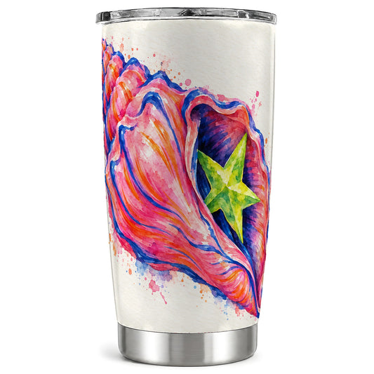 Pink Seashell Tumbler 20oz, Coastal Stainless Steel Travel Cup