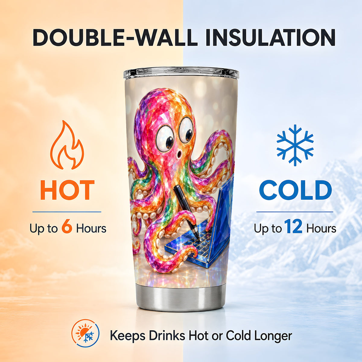 Rainbow Octopus Tumbler 20oz, Computer Art Stainless Steel Travel Cup