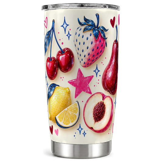 Colorful Fruit Tumbler 20oz, Cherry Art, Stainless Steel Travel Cup