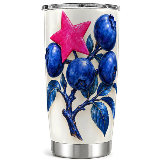 Blueberry Branch Tumbler 20oz, Pink Star Tumbler, Stainless Steel Travel Cup