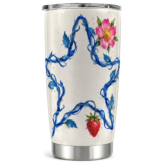 Blue Vine Star Tumbler 20oz, Strawberry Floral Stainless Steel Travel Cup