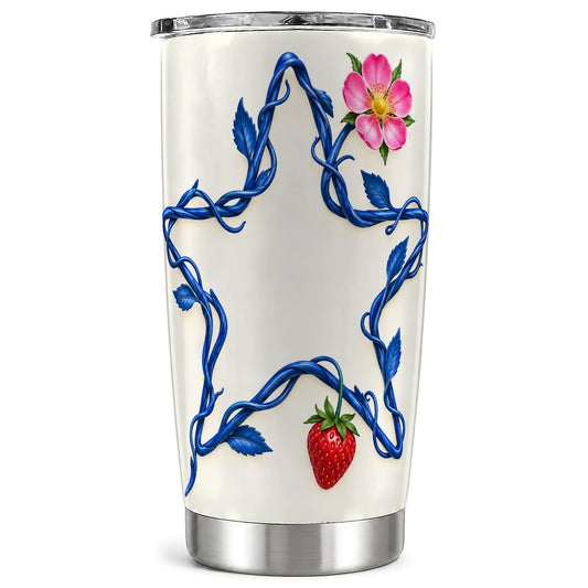 Blue Botanical Star Tumbler 20oz, Strawberry Stainless Steel Travel Cup