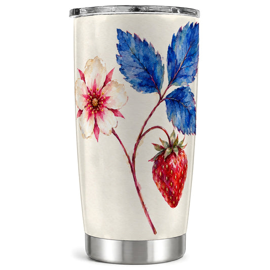 Strawberry Botanical Tumbler 20oz, Blue Leaf Stainless Steel Travel Cup