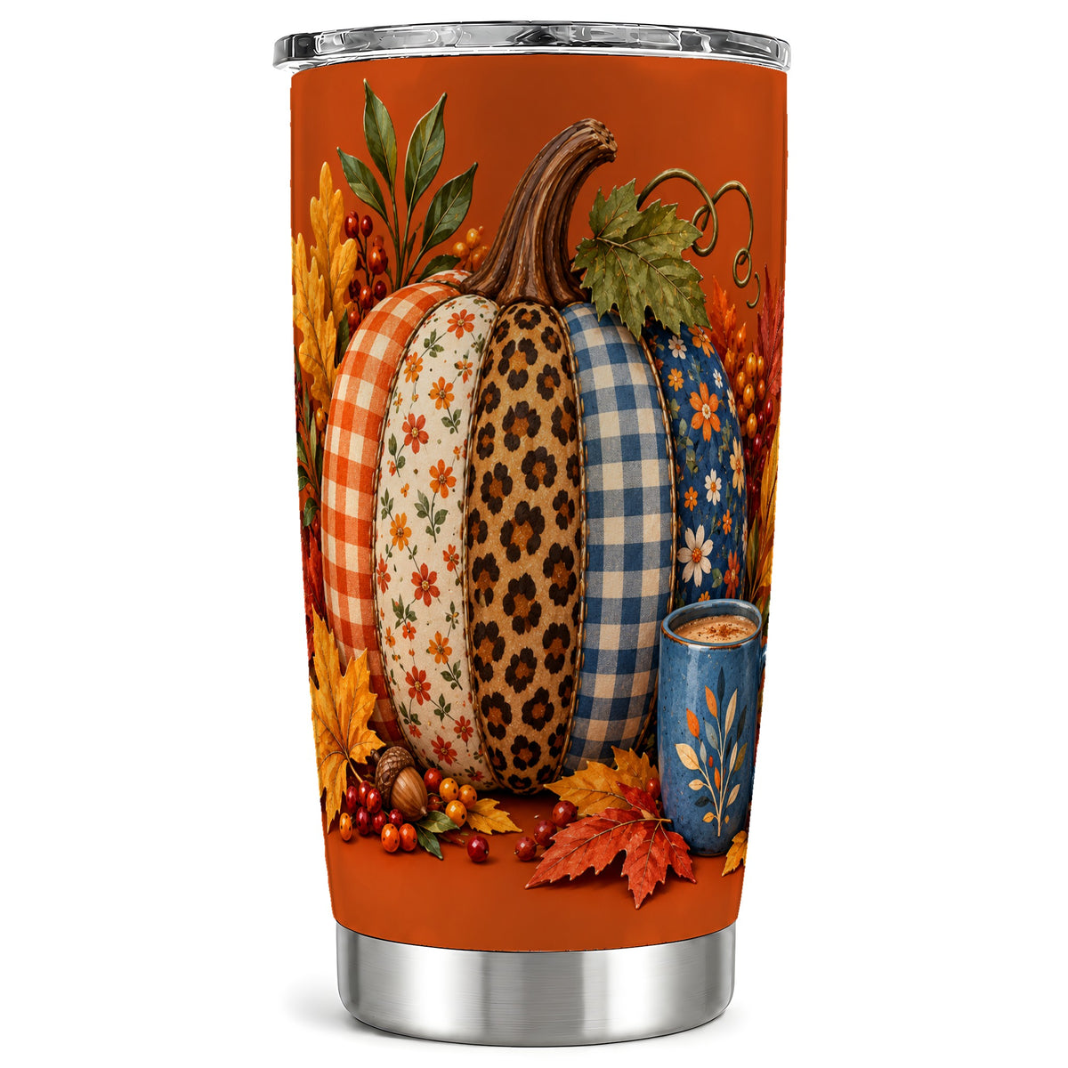 Patchwork Pumpkin Tumbler 20oz, Fall Stainless Steel Travel Cup