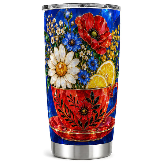 Floral Teacup Tumbler 20oz, Lemon Botanical Stainless Steel Travel Cup