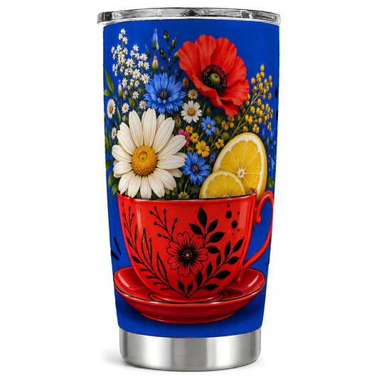 Lemon Floral Tumbler 20oz, Daisy Bouquet Stainless Steel Travel Cup
