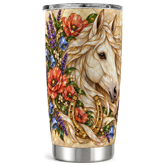 White Horse Floral Tumbler 20oz, Equestrian Stainless Steel Travel Cup