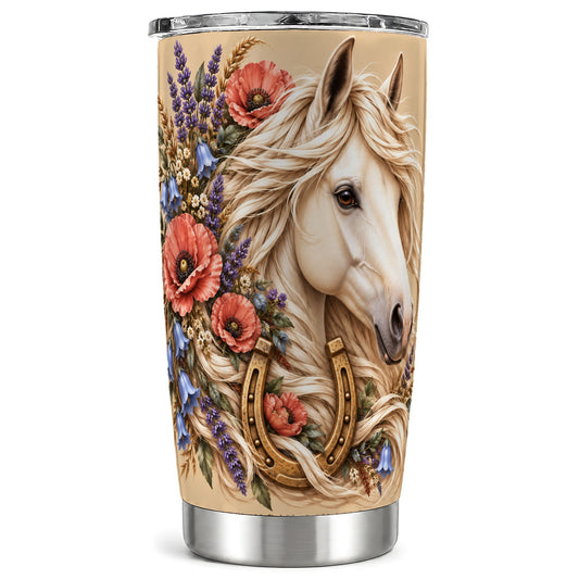 White Horse Tumbler 20oz, Rustic Floral Stainless Steel Travel Cup