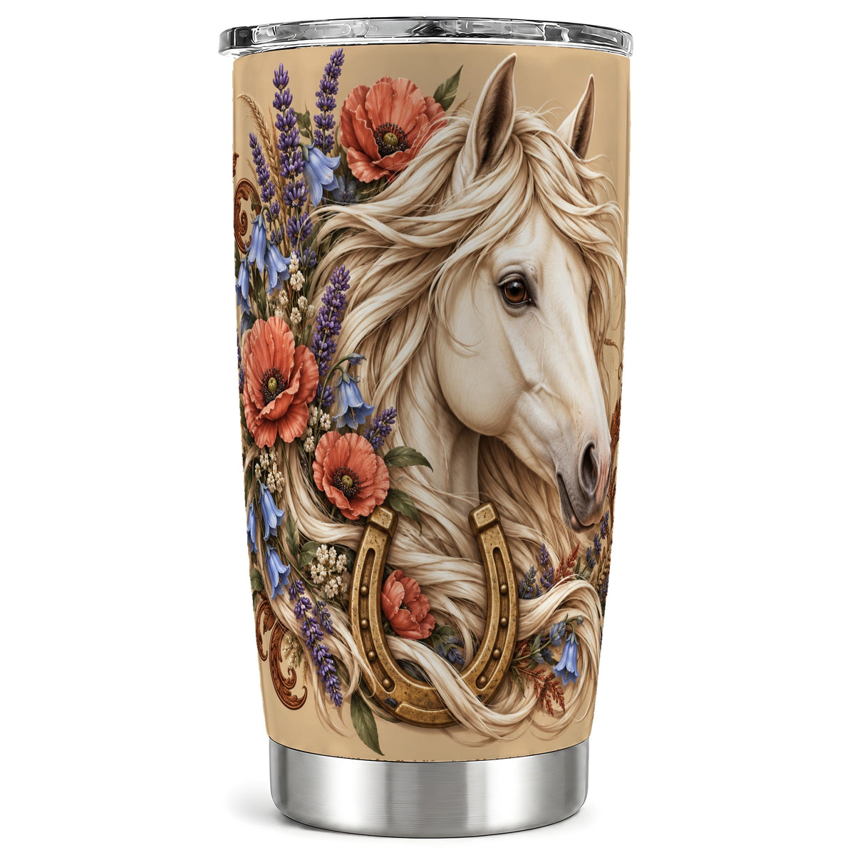 Ornate Horse Tumbler 20oz, Floral Western Stainless Steel Travel Cup