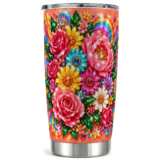 Jeweled Floral Tumbler 20oz, Rainbow Stainless Steel Travel Cup