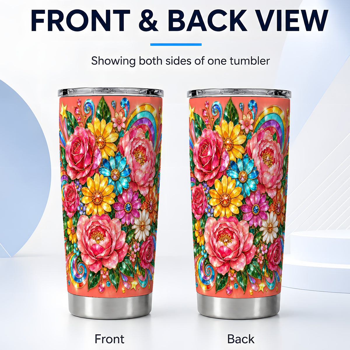 #pl[20oz|Steel] Gemstone Floral Tumbler 20oz, Pink Peony Stainless Steel Travel Cup