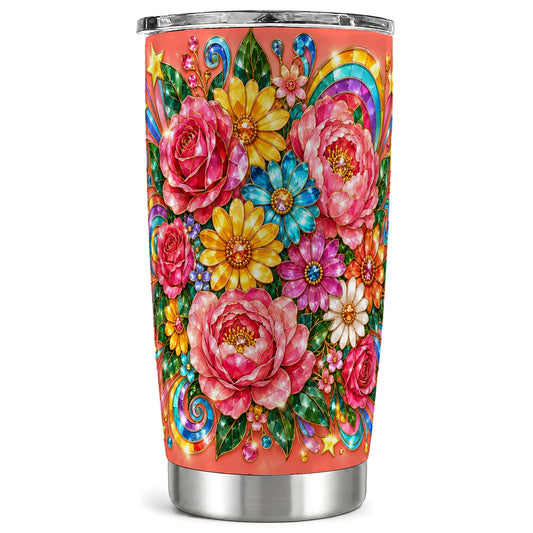 Gemstone Floral Tumbler 20oz, Pink Peony Stainless Steel Travel Cup