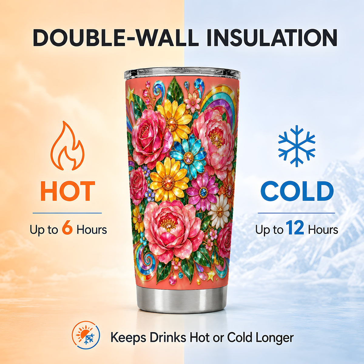 Gemstone Floral Tumbler 20oz, Pink Peony Stainless Steel Travel Cup