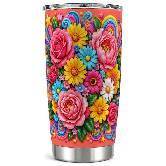 Colorful Floral Tumbler 20oz, Rainbow Stainless Steel Travel Cup