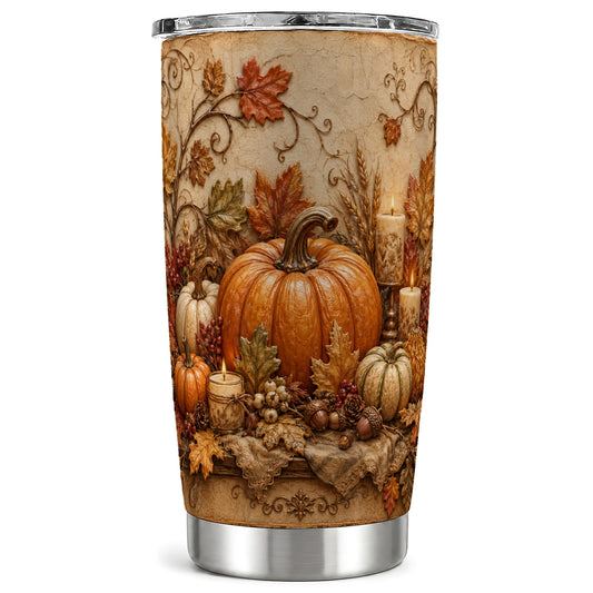 Autumn Harvest Tumbler 20oz, Rustic Pumpkin Stainless Steel Travel Cup