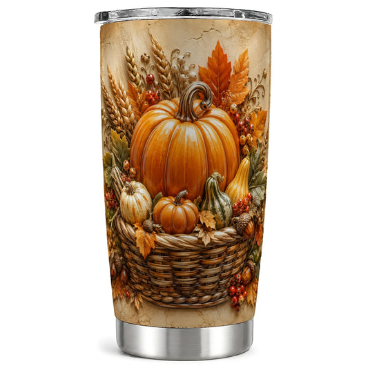 Pumpkin Harvest Tumbler 20oz, Autumn Basket Stainless Steel Travel Cup