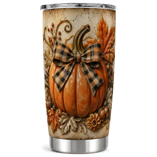 Plaid Bow Pumpkin Tumbler 20oz, Rustic Fall Stainless Steel Travel Cup