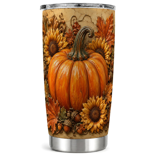 Sunflower Pumpkin Tumbler 20oz, Fall Floral Stainless Steel Travel Cup