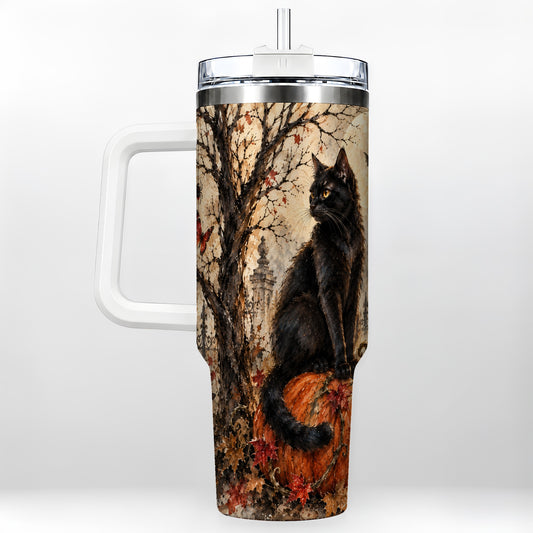 Black Cat Halloween 40oz Tumbler with Handle, Gothic Pumpkin Design