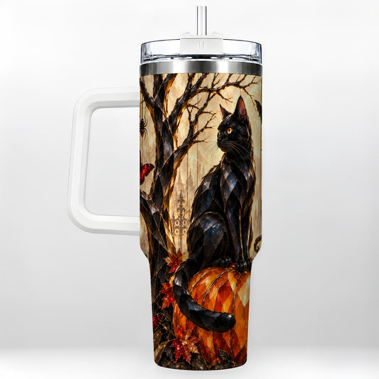 Black Cat Halloween 40oz Tumbler with Handle, Stained Glass Style