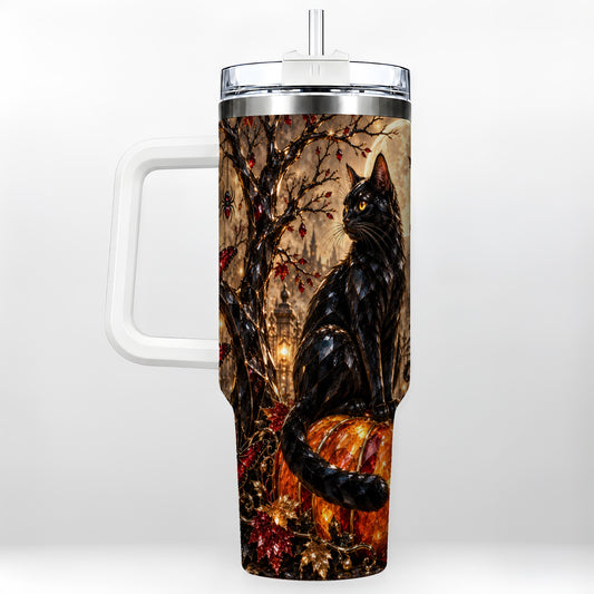 Black Cat Halloween 40oz Tumbler with Handle, Jeweled Pumpkin Art