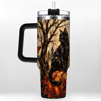 #pl[40oz|Black] Black Cat Halloween 40oz Tumbler with Handle, Gothic Mosaic Design