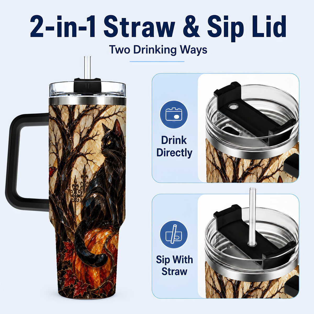 #pl[40oz|Black] Black Cat Halloween 40oz Tumbler with Handle, Gothic Mosaic Design
