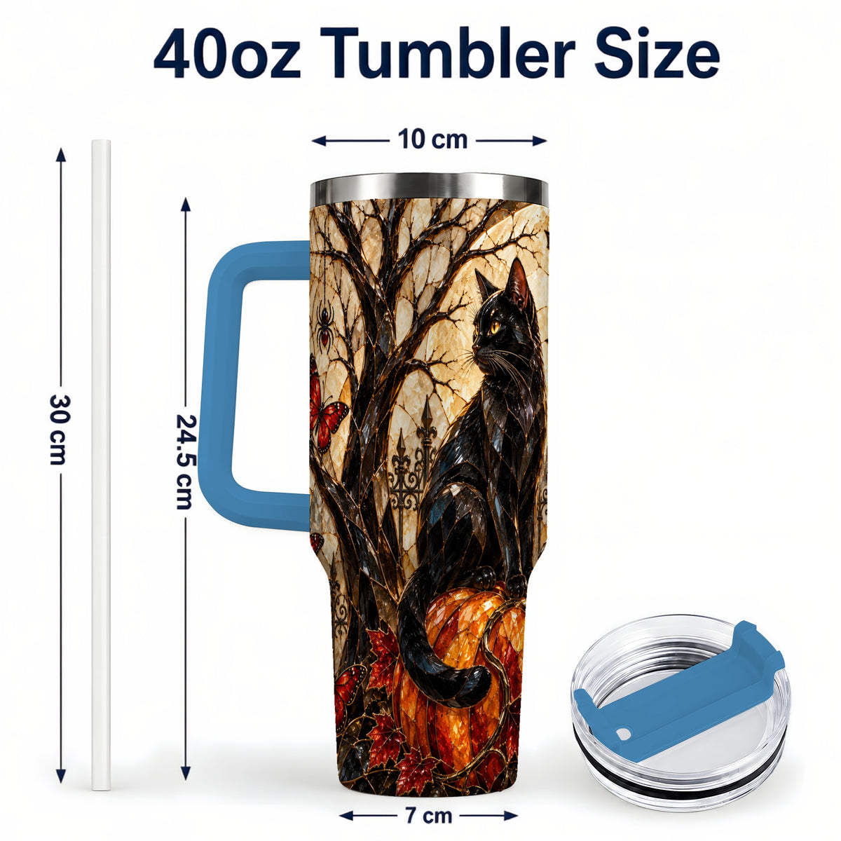 #pl[40oz|Blue] Black Cat Halloween 40oz Tumbler with Handle, Gothic Mosaic Design