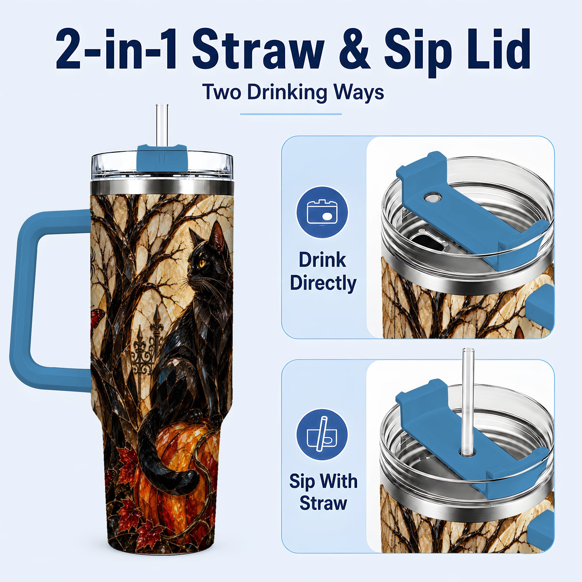#pl[40oz|Blue] Black Cat Halloween 40oz Tumbler with Handle, Gothic Mosaic Design