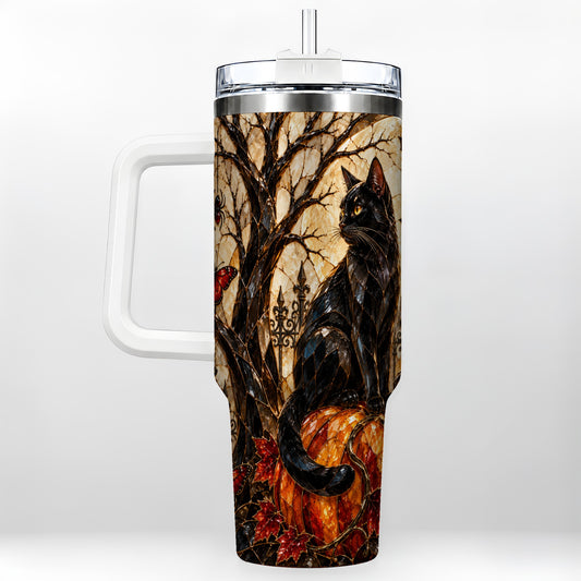 Black Cat Halloween 40oz Tumbler with Handle, Gothic Mosaic Design