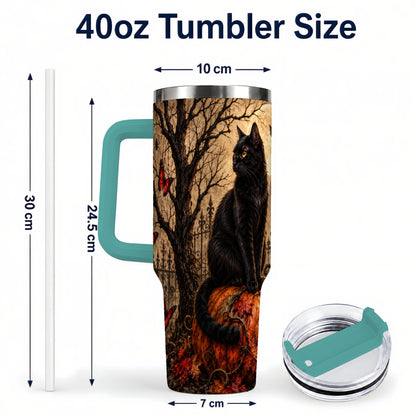 #pl[40oz|Green] Black Cat Halloween 40oz Tumbler with Handle, Rustic Pumpkin Art