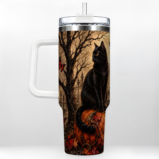 Black Cat Halloween 40oz Tumbler with Handle, Rustic Pumpkin Art