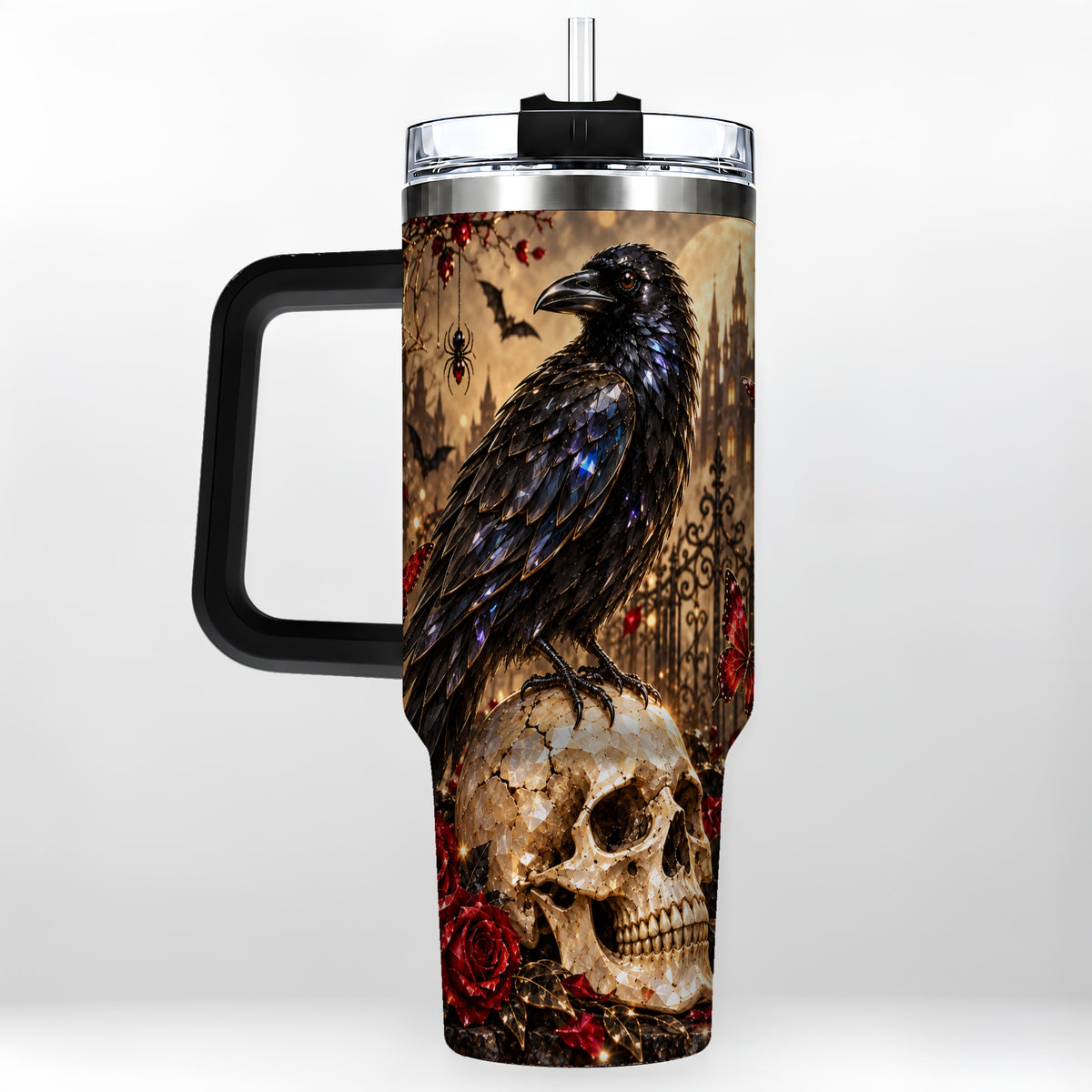 #pl[40oz|Black] Crystal Raven 40oz Tumbler with Handle, Gothic Skull Travel Cup