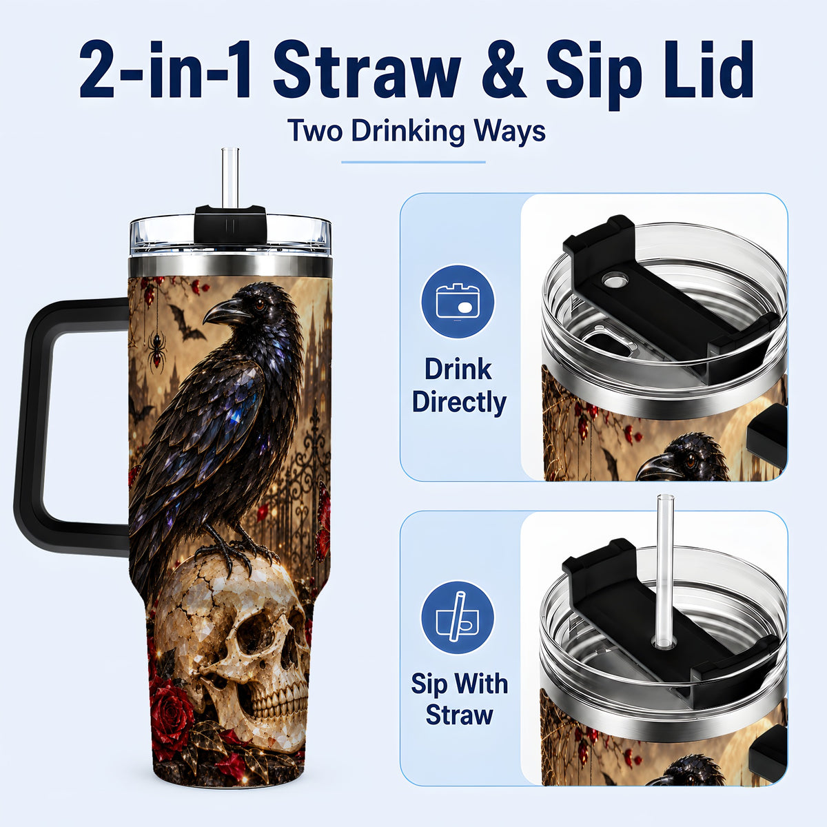 #pl[40oz|Black] Crystal Raven 40oz Tumbler with Handle, Gothic Skull Travel Cup