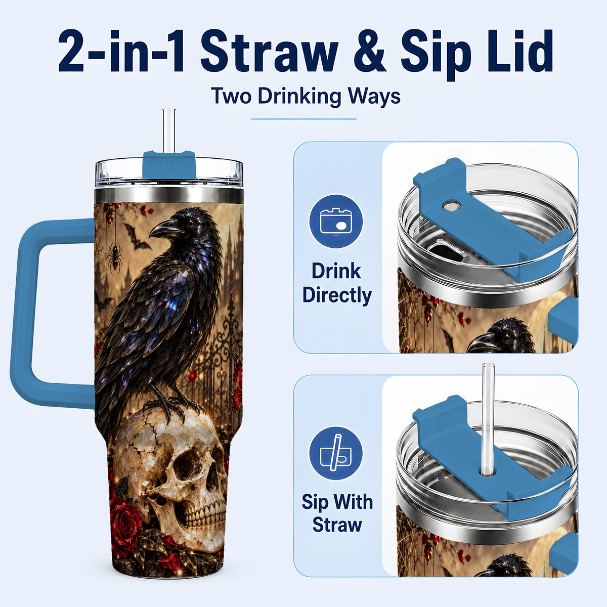 #pl[40oz|Blue] Crystal Raven 40oz Tumbler with Handle, Gothic Skull Travel Cup