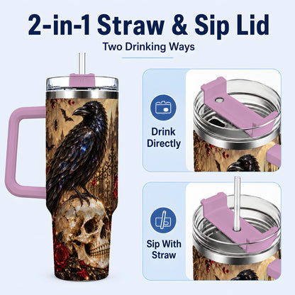 #pl[40oz|Pink] Crystal Raven 40oz Tumbler with Handle, Gothic Skull Travel Cup