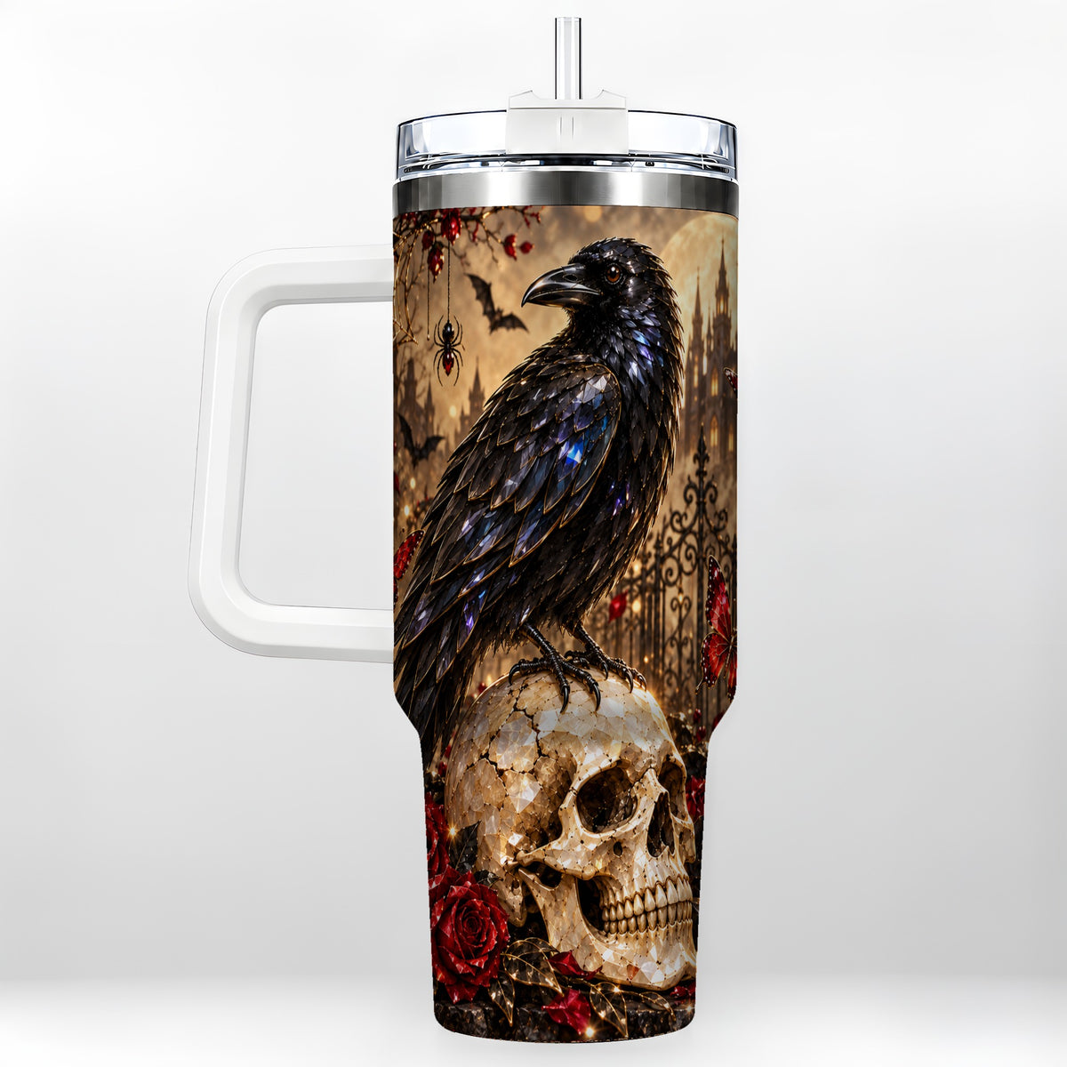 Crystal Raven 40oz Tumbler with Handle, Gothic Skull Travel Cup