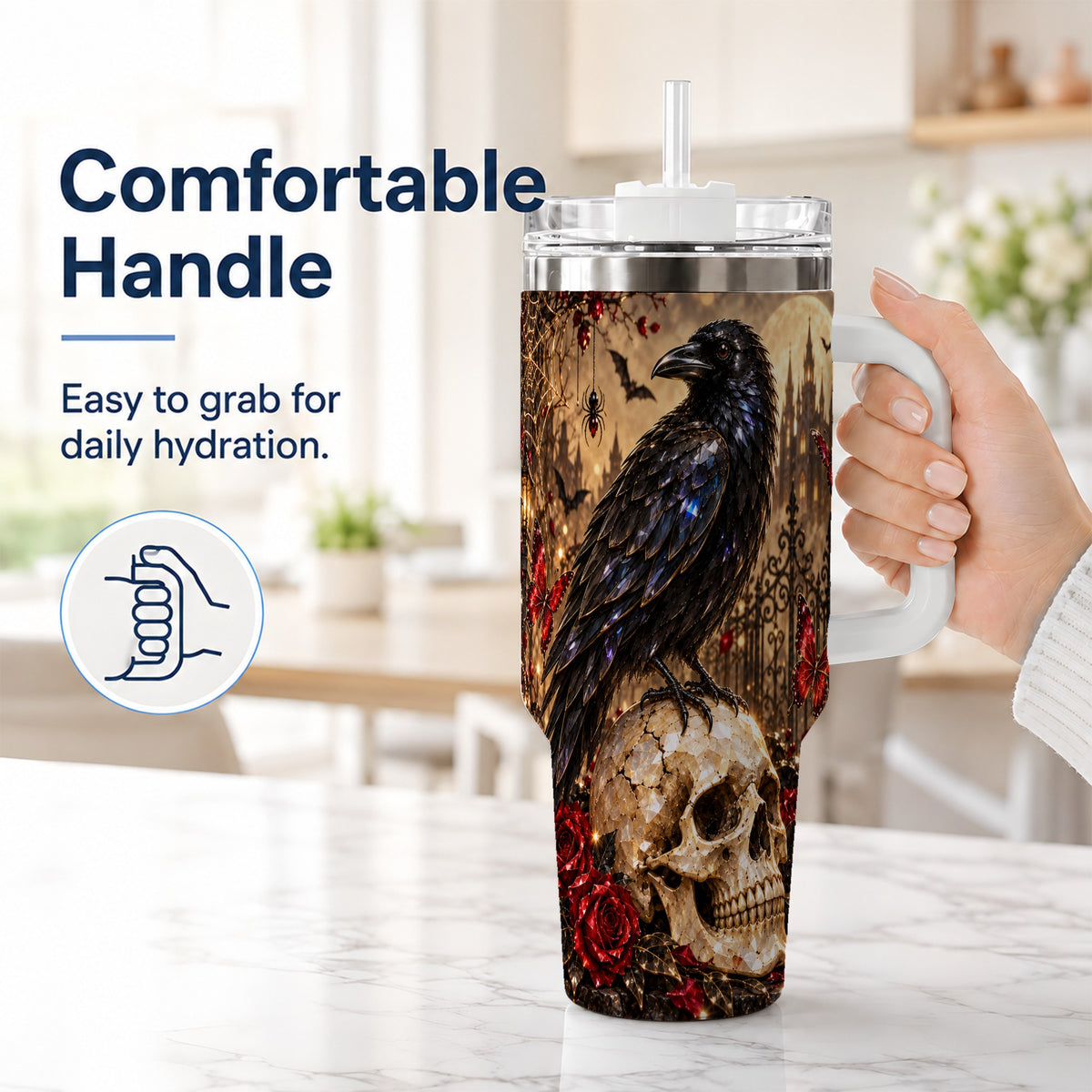#pl[40oz|White] Crystal Raven 40oz Tumbler with Handle, Gothic Skull Travel Cup