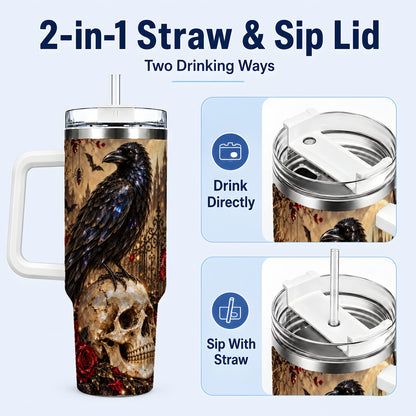 #pl[40oz|White] Crystal Raven 40oz Tumbler with Handle, Gothic Skull Travel Cup